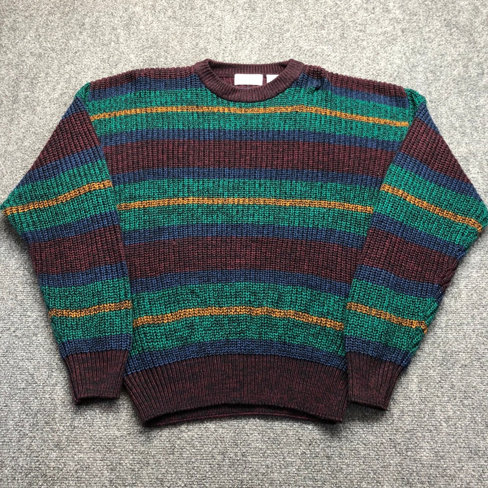 Vintage The Mens Store at Sears Striped Crewneck Sweater Large Burgundy